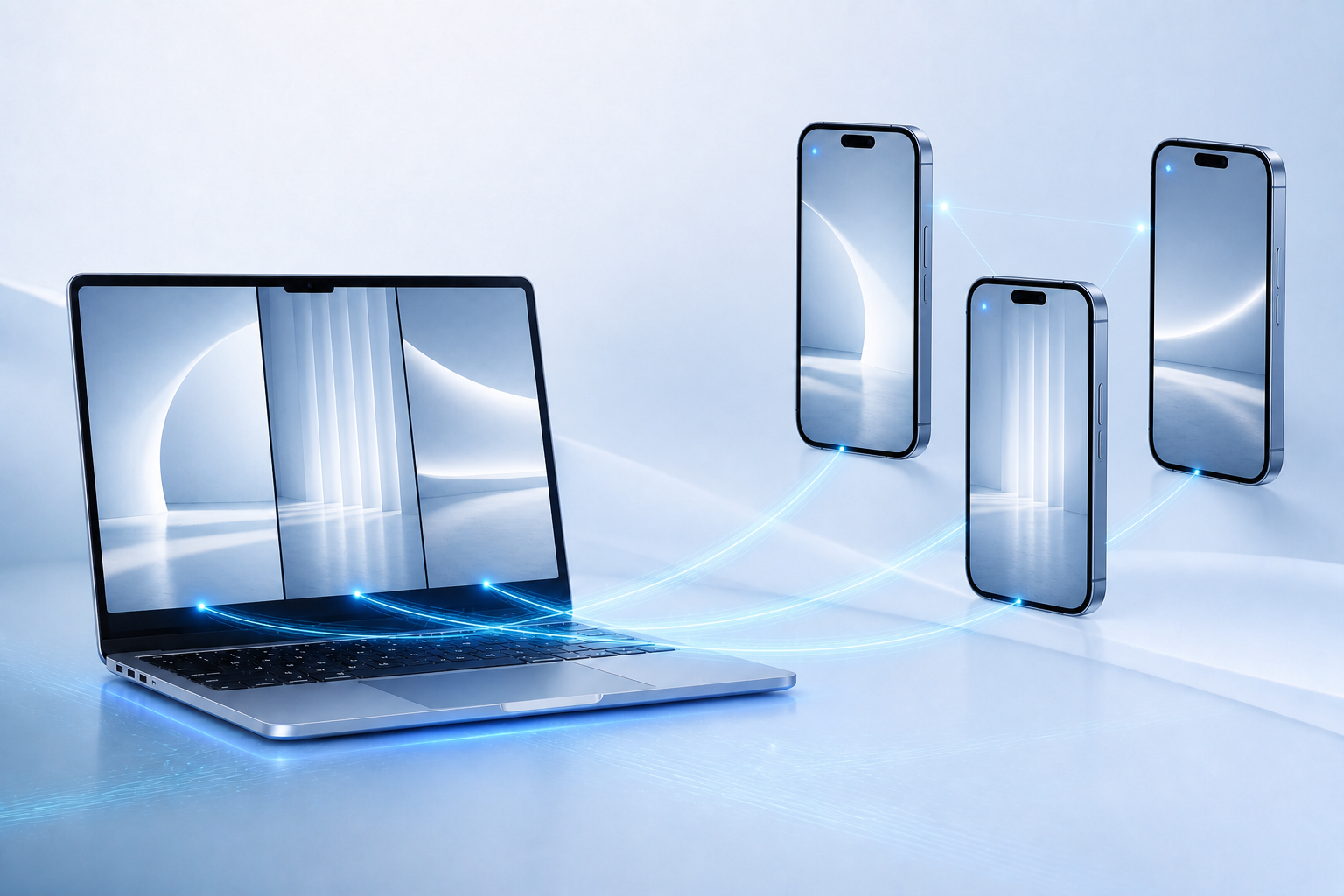 Three smartphones streaming individual video feeds to a laptop in Tether Cam